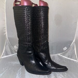 Laundry By Shelli Segal Black Leather Woven Western Boots Shoes Women's Size 7